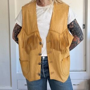 Vintage Western Deer Leather Fringe Vest Mens Yellow Cowboy Boho Large
